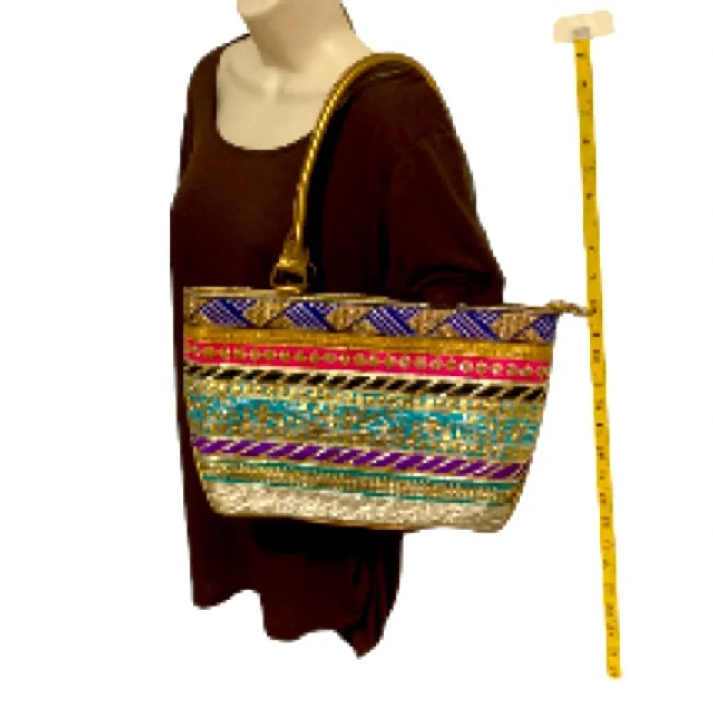 Asian Indian Bright Shiny Embellished Faux Leather Gold Handbag 15 x 9 x 4.5 in